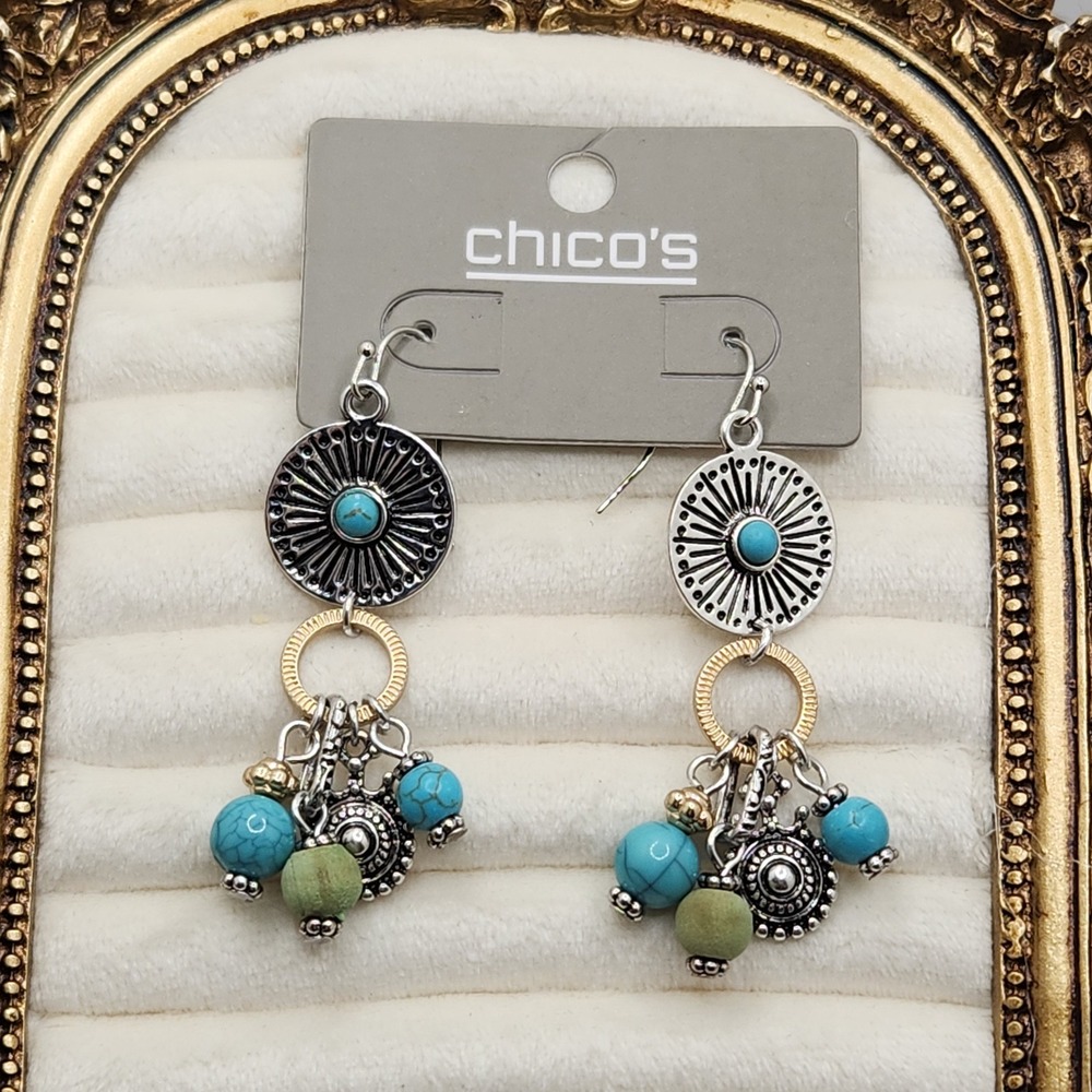 Boho Western Turquoise Cluster Drop Earrings Silver Gold Tone Medallion Cowgirl